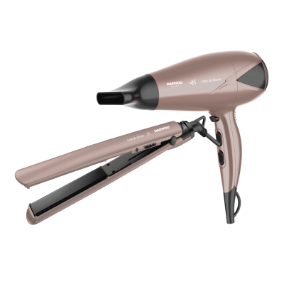 COMBO DE SECADOR Y PLANCHITA DE PELO DAEWOO ROSA